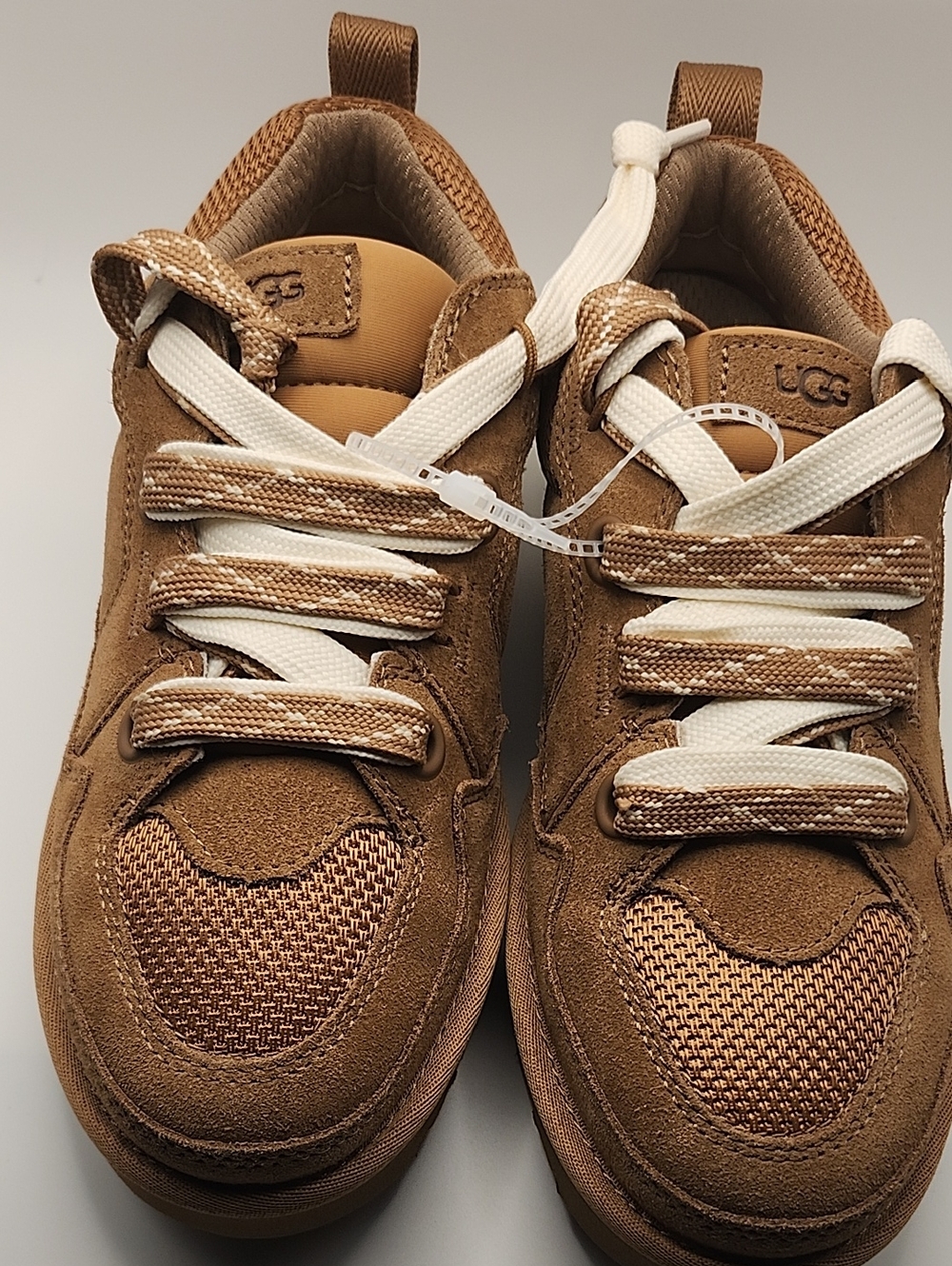 UGG womens Lowmel low lace  Brown Suede & Mesh Lace-Up Sneakers with Cream Laces